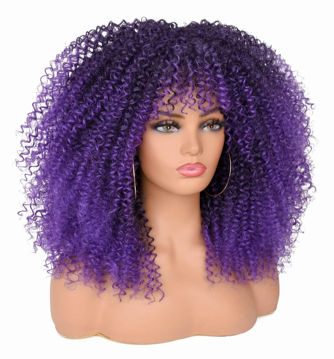 ANNISOUL 16Inch Curly Wigs for Black Women Black Ombre Purple Afro Bomb Curly Wig with Bangs Synthetic Fiber Glueless Long Kinky Curly Hair