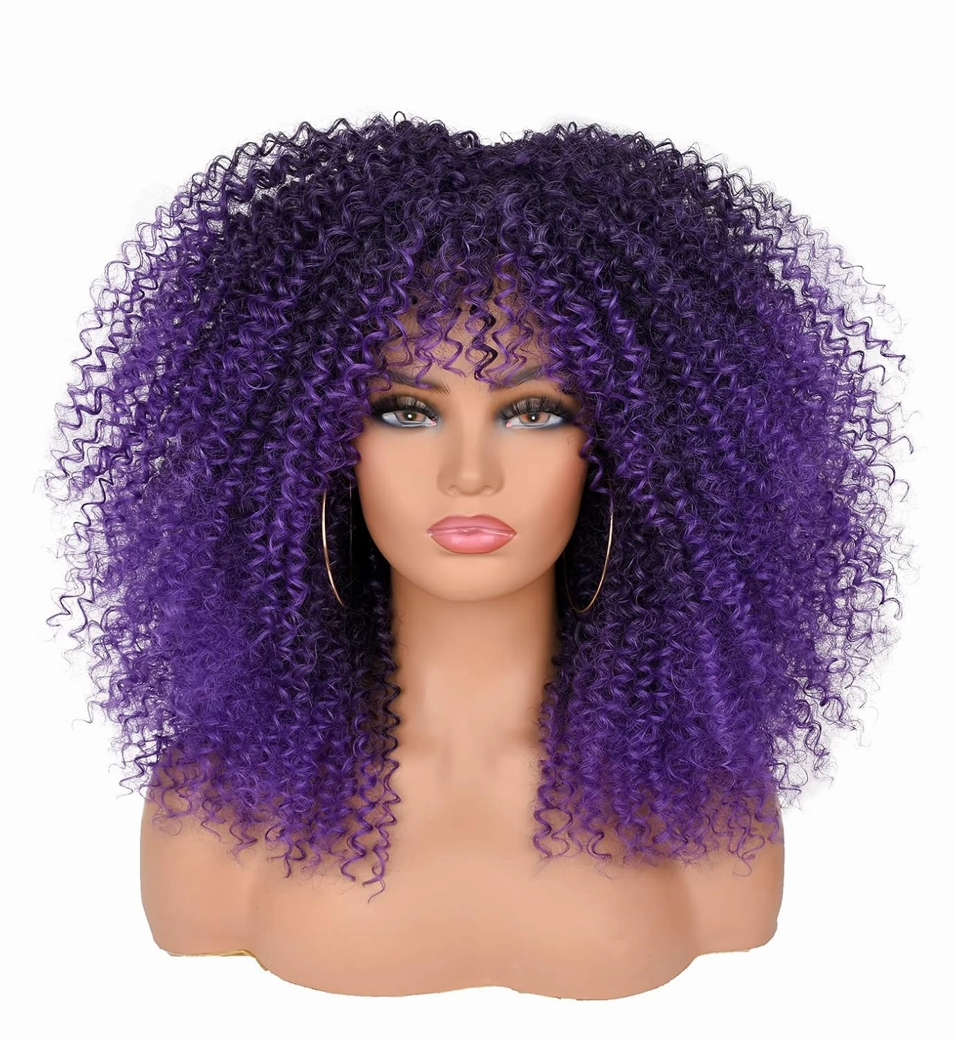 ANNISOUL 16Inch Curly Wigs for Black Women Black Ombre Purple Afro Bomb Curly Wig with Bangs Synthetic Fiber Glueless Long Kinky Curly Hair