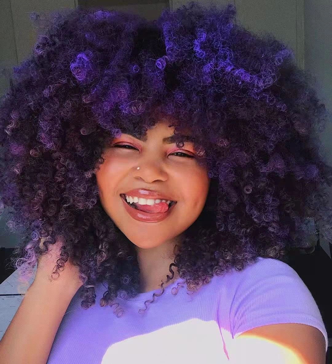 ANNISOUL 16Inch Curly Wigs for Black Women Black Ombre Purple Afro Bomb Curly Wig with Bangs Synthetic Fiber Glueless Long Kinky Curly Hair