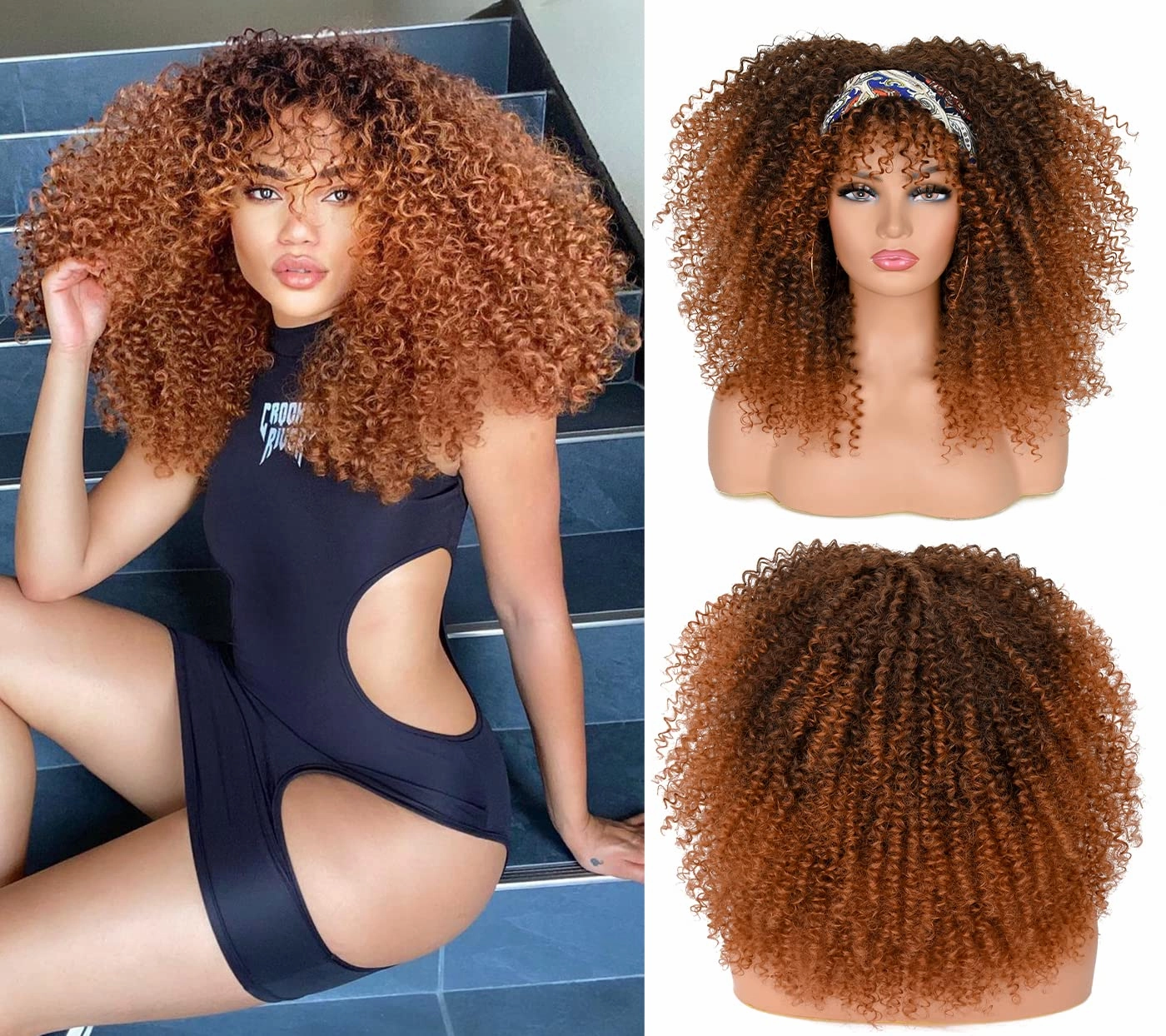 ANNISOUL 16Inch Curly Wigs for Black Women Black to Brown Afro Bomb Curly Wig with Bangs Synthetic Fiber Glueless Long Kinky Curly Hair