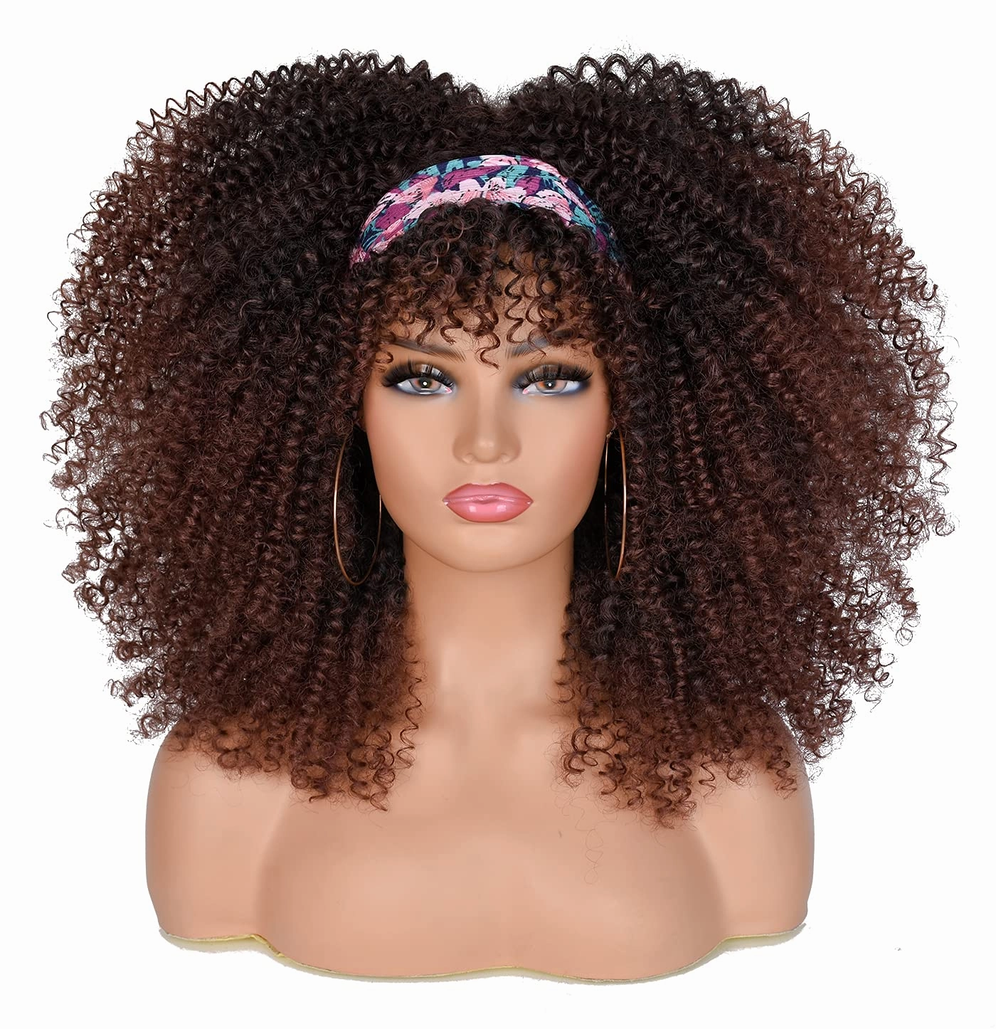 ANNISOUL 16Inch Curly Wigs for Black Women Dark Brown Afro Bomb Curly Wig with Bangs Synthetic Fiber Glueless Long Kinky Curly Hair