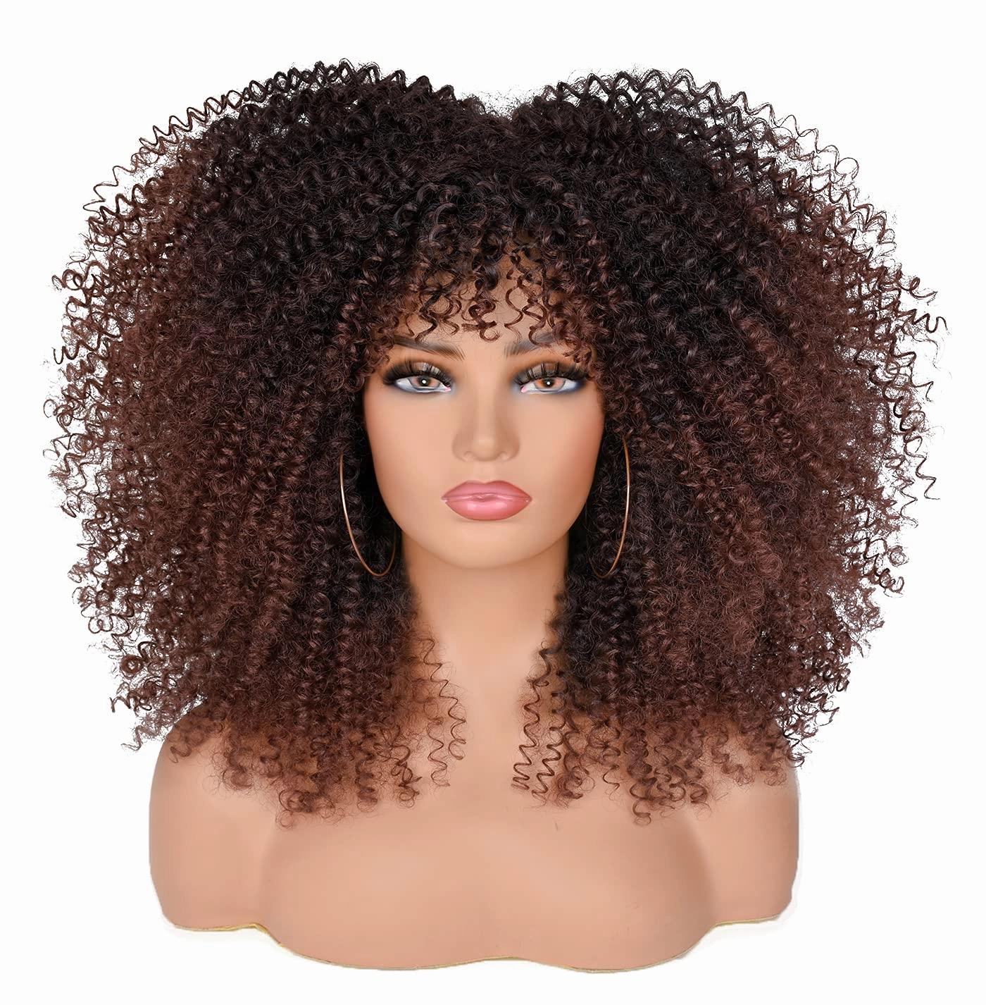 ANNISOUL 16Inch Curly Wigs for Black Women Dark Brown Afro Bomb Curly Wig with Bangs Synthetic Fiber Glueless Long Kinky Curly Hair