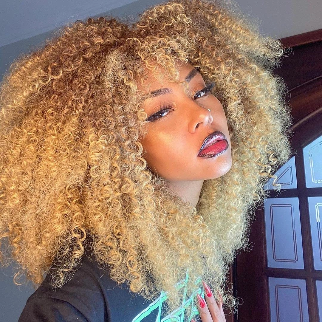 ANNISOUL 16Inch Curly Wigs for Black Women Ombre Blonde Afro Bomb Curly Wig with Bangs Synthetic Fiber Glueless Long Kinky Curly Hair