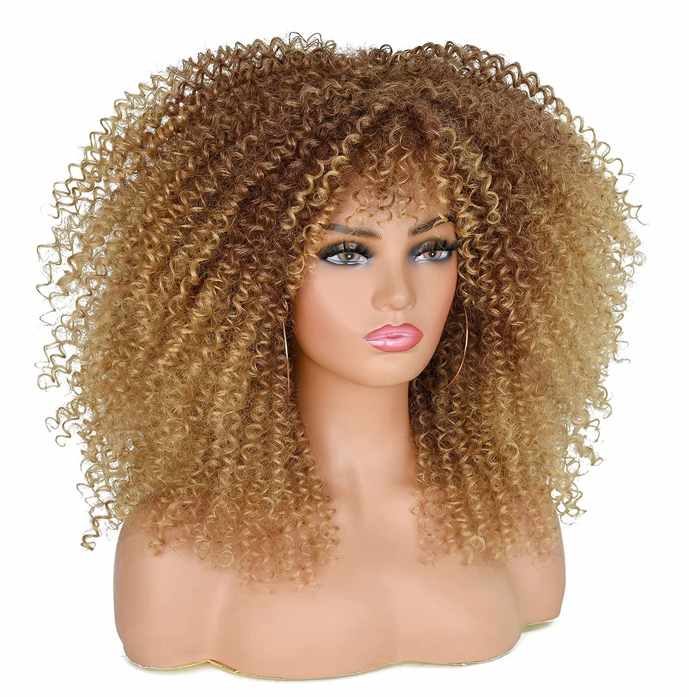 ANNISOUL 16Inch Curly Wigs for Black Women Ombre Blonde Afro Bomb Curly Wig with Bangs Synthetic Fiber Glueless Long Kinky Curly Hair