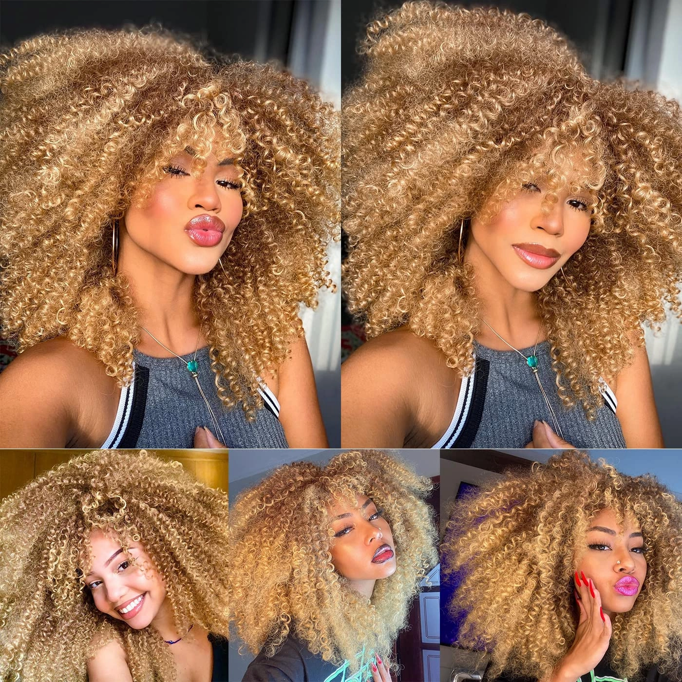 ANNISOUL 16Inch Curly Wigs for Black Women Ombre Blonde Afro Bomb Curly Wig with Bangs Synthetic Fiber Glueless Long Kinky Curly Hair