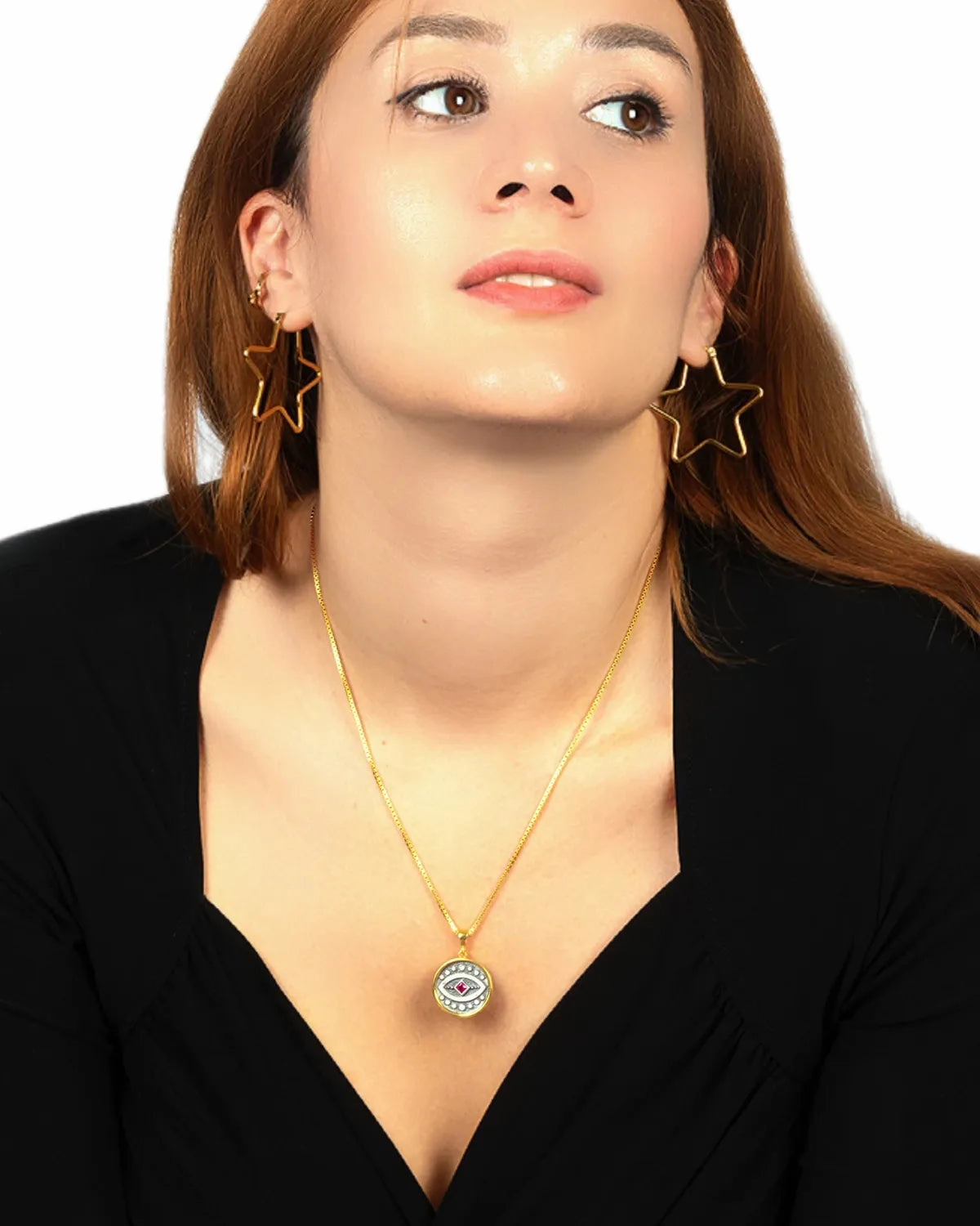Antique Evil Eye Gold Pendant – Sterling Silver Medallion with Gem