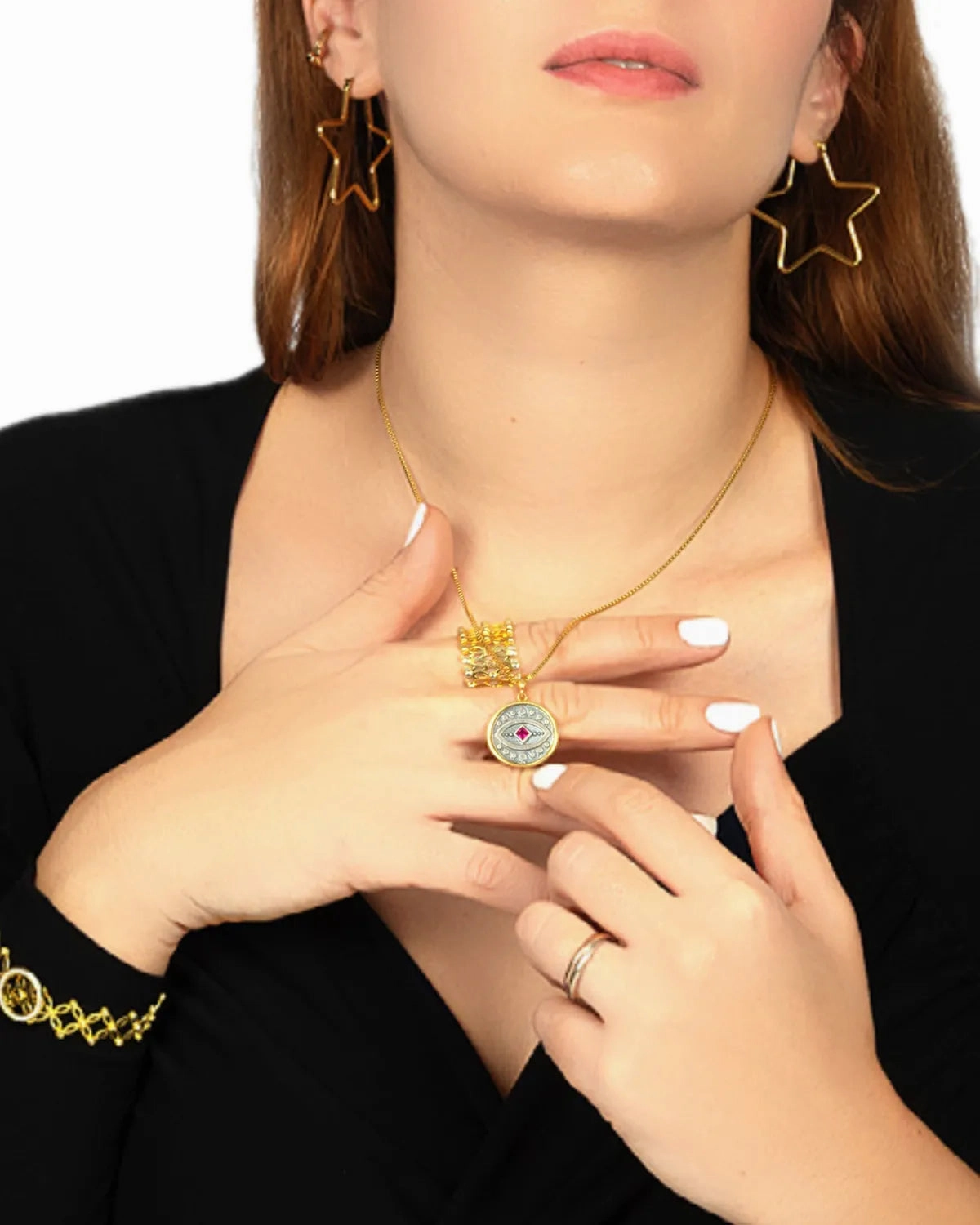 Antique Evil Eye Gold Pendant – Sterling Silver Medallion with Gem