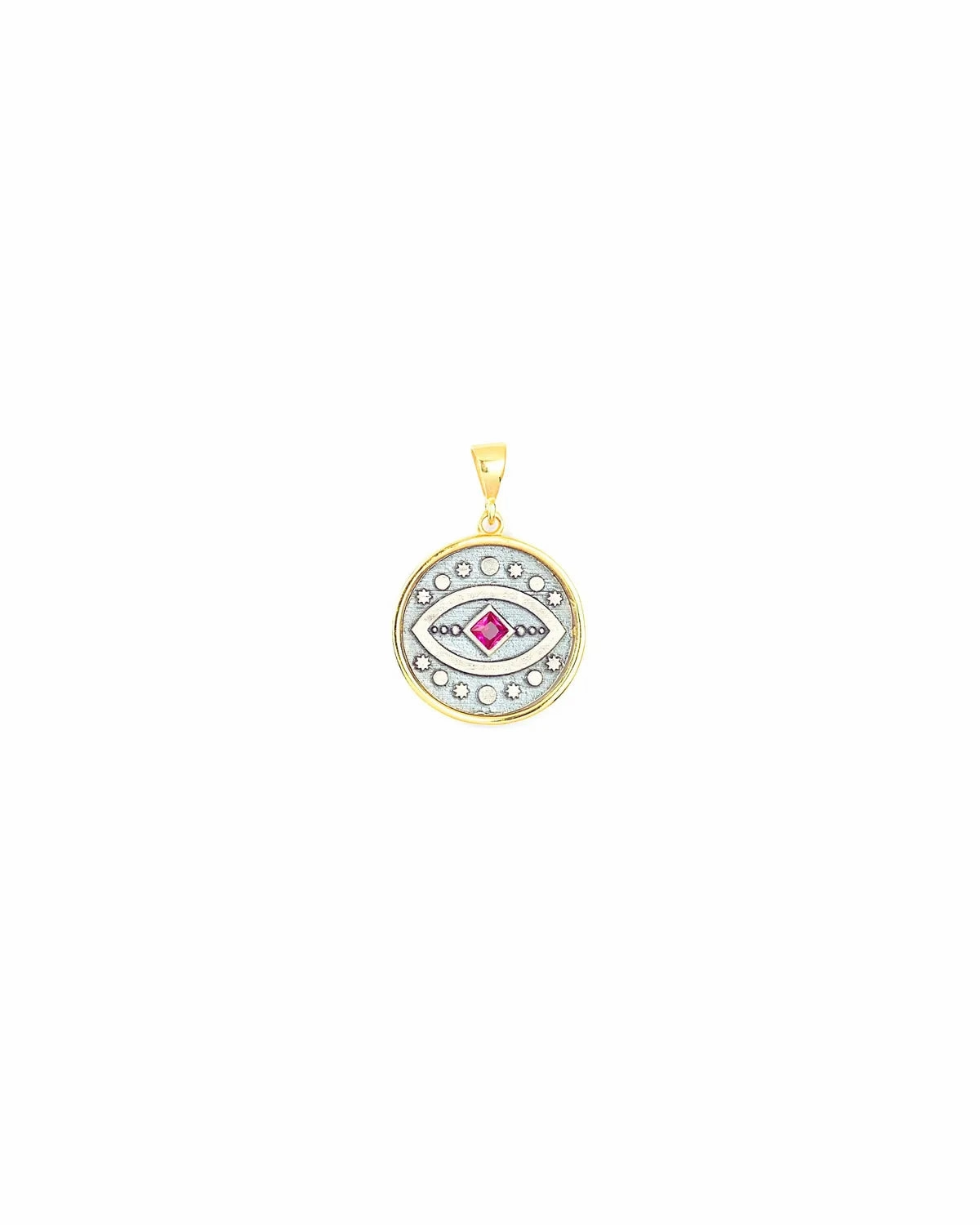 Antique Evil Eye Gold Pendant – Sterling Silver Medallion with Gem