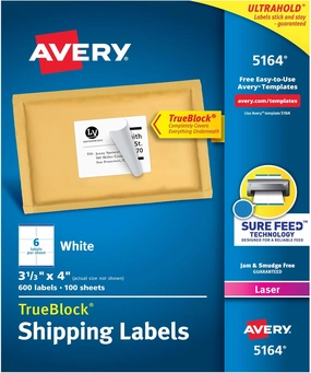 Avery Printable Shipping Labels with Sure Feed, 3-1/3" x 4", White, 600 Blank Mailing Labels for Laser Printers (5164)