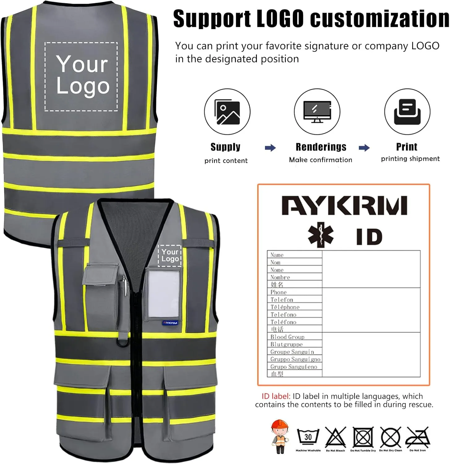 AYKRM 11 color High Vis Reflective Safety Vest for Women Men Security Pocket Zipper