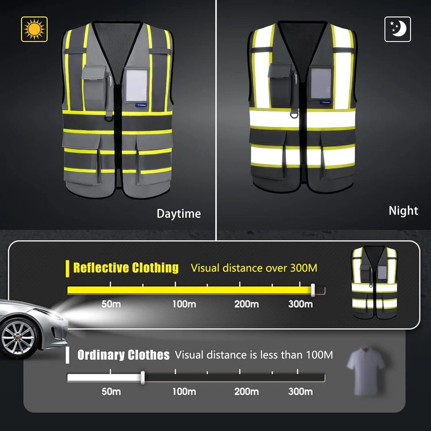 AYKRM 11 color High Vis Reflective Safety Vest for Women Men Security Pocket Zipper