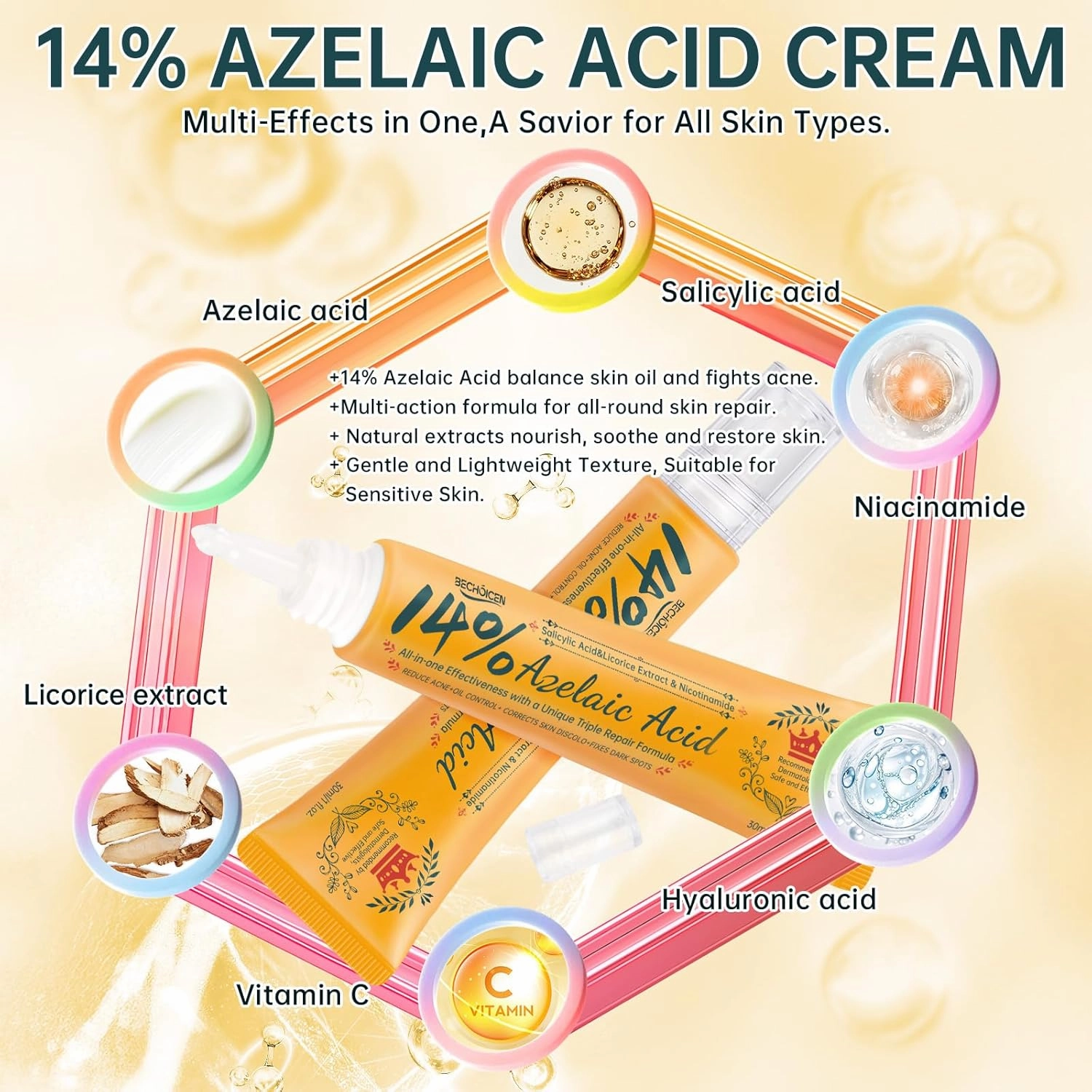 Azelaic Acid 14% Acne Cream For Face,Azelaic Acid Serum With Niacinamide & Salicylic Acid,Evens Skin Tone,Balances Skin Condition and Repairs Skin Barrier,2oz
