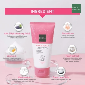BABY BRIGHT AHA & Glutathione, Niacinamide, Vitamin C, Tranexamic Acid & Pearl Extract, Skin Whitening Facial Foam | Made In Thailand | Face Wash (120 g)