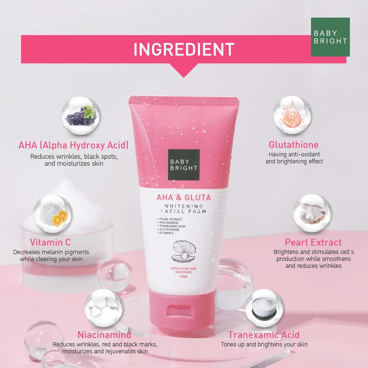 BABY BRIGHT AHA & Glutathione, Niacinamide, Vitamin C, Tranexamic Acid & Pearl Extract, Skin Whitening Facial Foam | Made In Thailand | Face Wash (120 g)