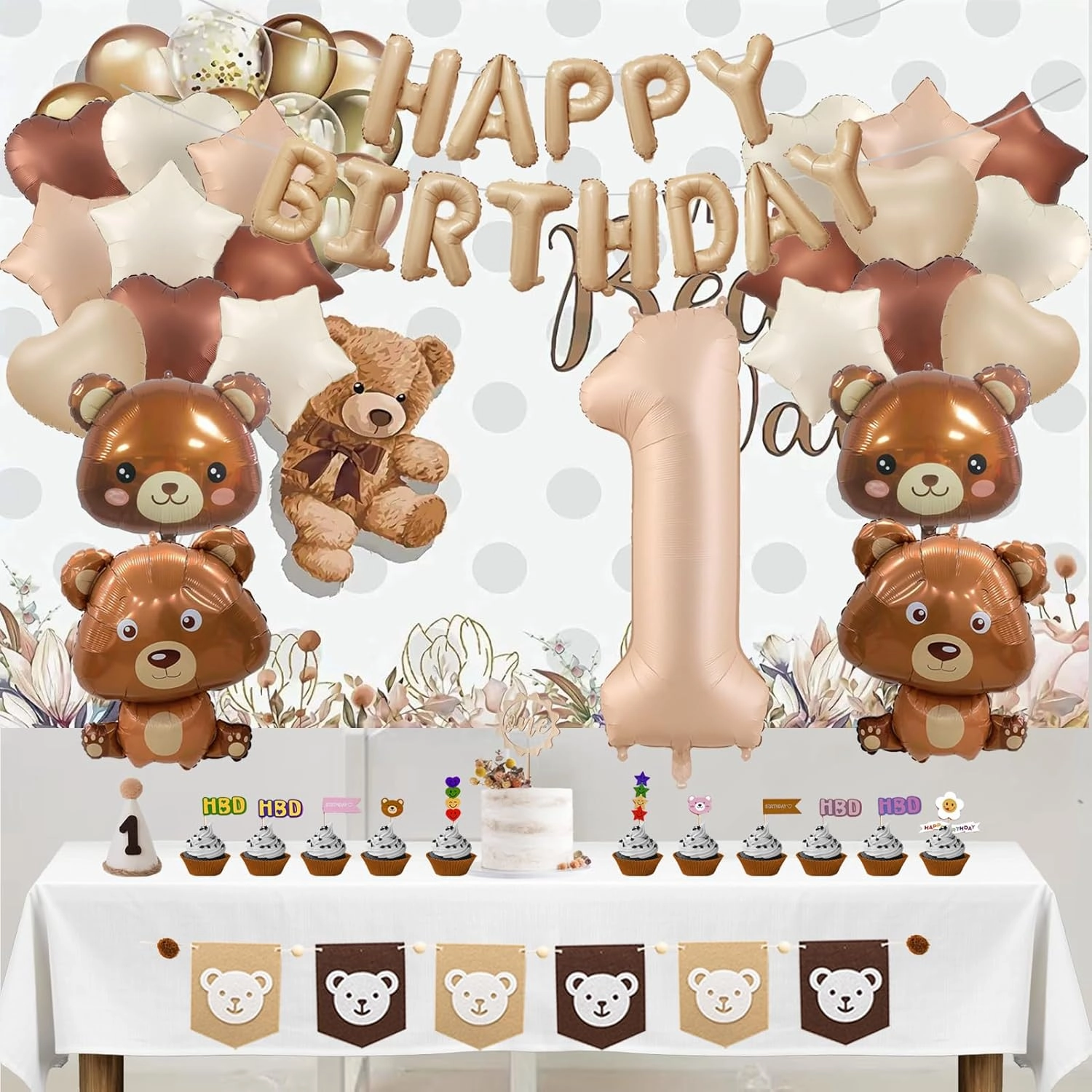 Bear Party Decor: 40" Balloons, Teddy Bear & Heart Shapes - Baby Shower Backdrop & Cake Topper