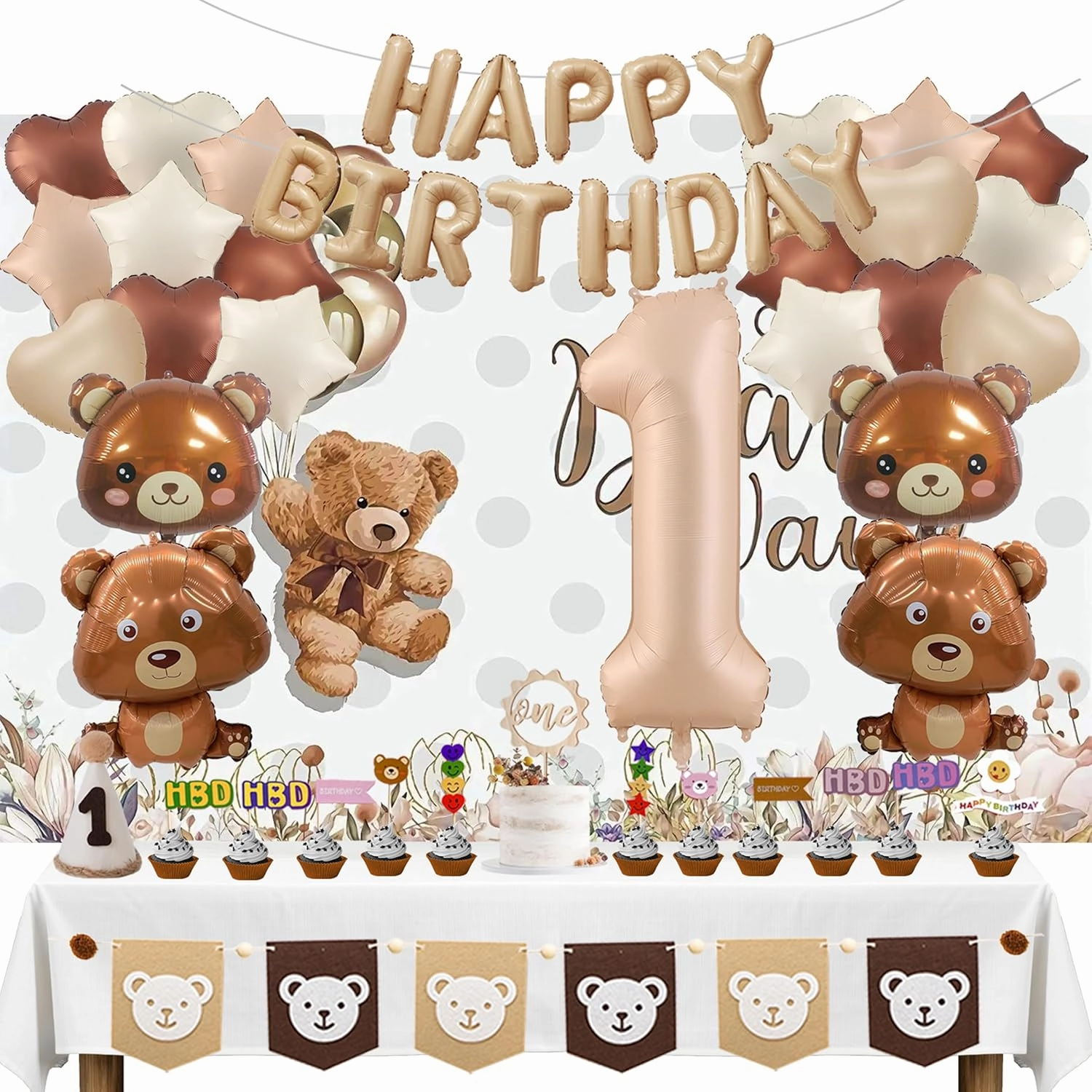 Bear Party Decor: 40" Balloons, Teddy Bear & Heart Shapes - Baby Shower Backdrop & Cake Topper