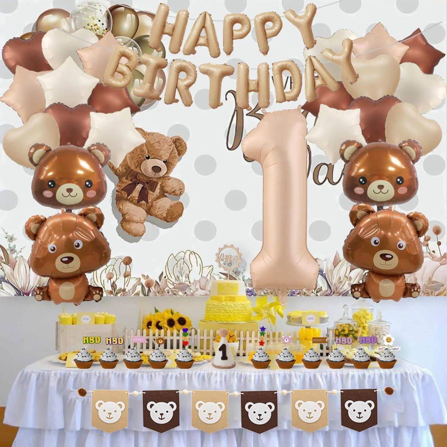 Bear Party Decor: 40" Balloons, Teddy Bear & Heart Shapes - Baby Shower Backdrop & Cake Topper