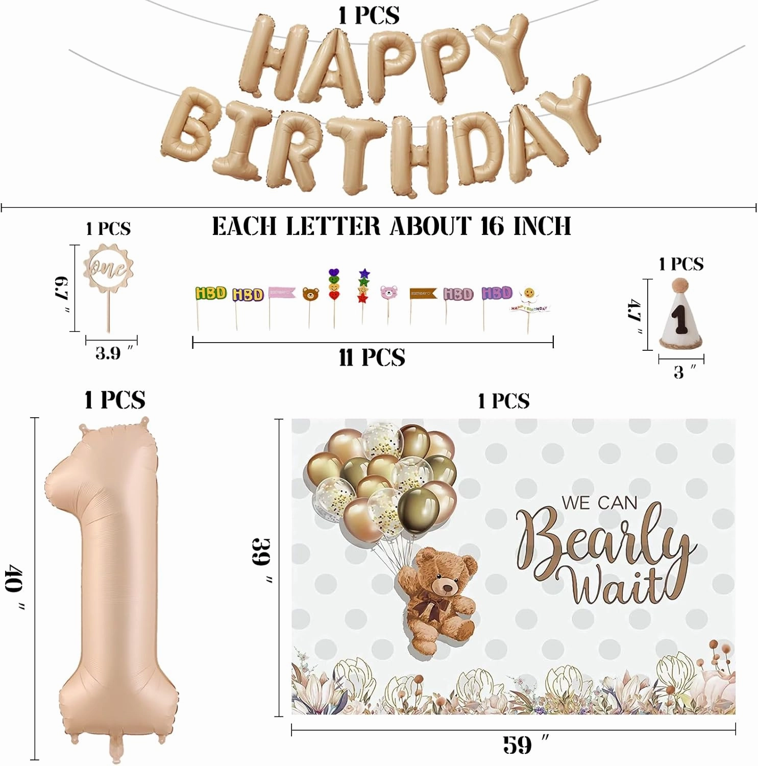 Bear Party Decor: 40" Balloons, Teddy Bear & Heart Shapes - Baby Shower Backdrop & Cake Topper