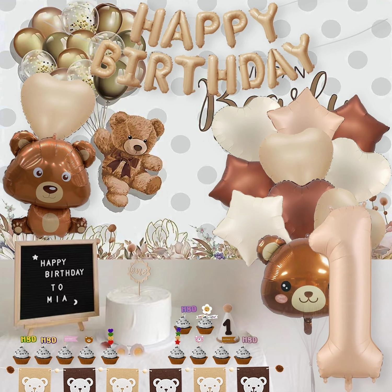 Bear Party Decor: 40" Balloons, Teddy Bear & Heart Shapes - Baby Shower Backdrop & Cake Topper
