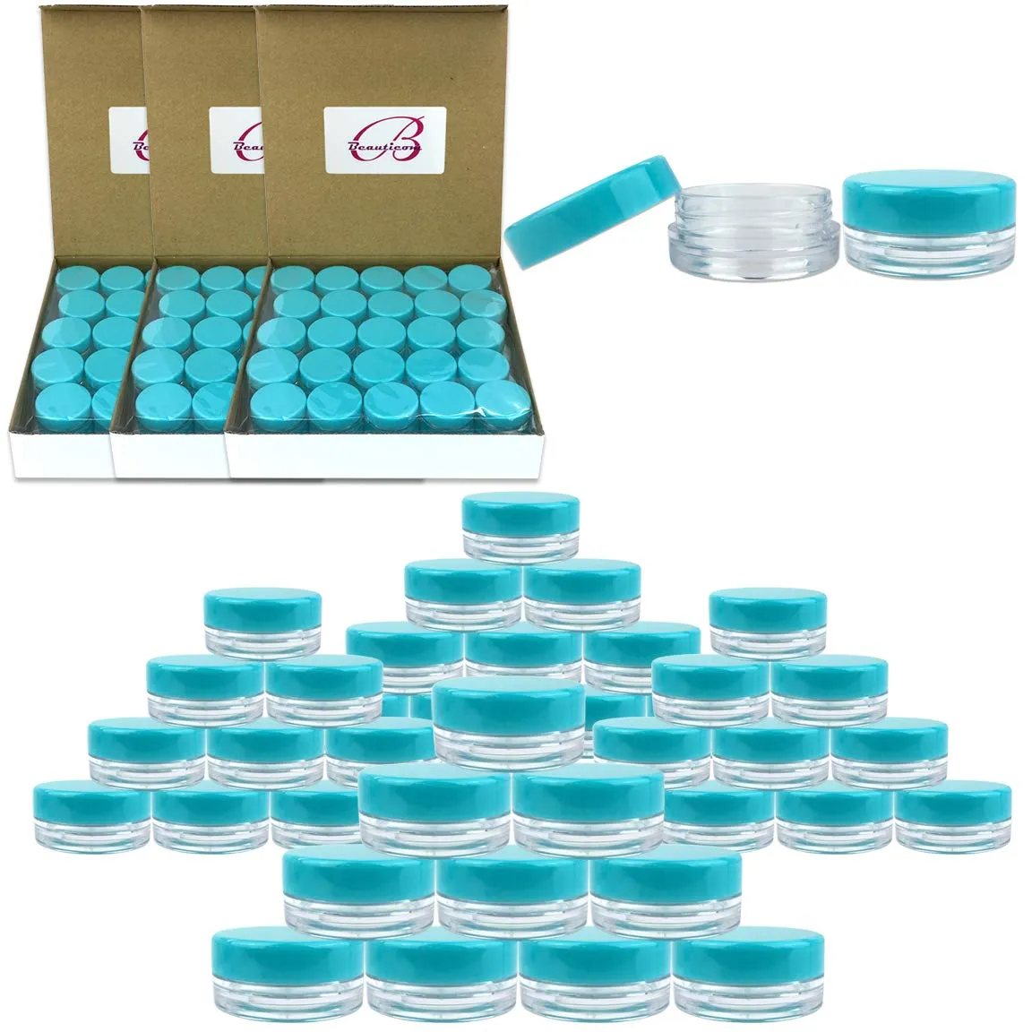 Beauticom (200 Pieces Jars   Lid) 3G/3ML Round Clear Jars with TEAL Sky Blue Screw Cap Lids for Scrubs, Oils, Toner, Salves, Creams, Lotions, Makeup Samples, Lip Balms - BPA Free