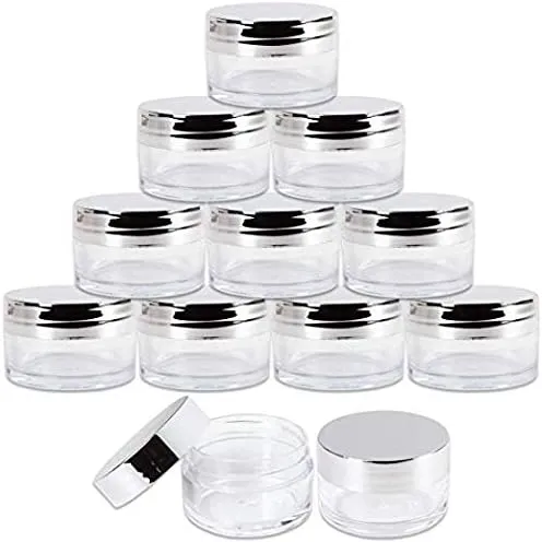 Beauticom 20g/20ml USA Acrylic Round Clear Jars with Lids for Lip Balms, Creams, Make Up, Cosmetics, Samples, Ointments (48 Jars, Metallic Silver)
