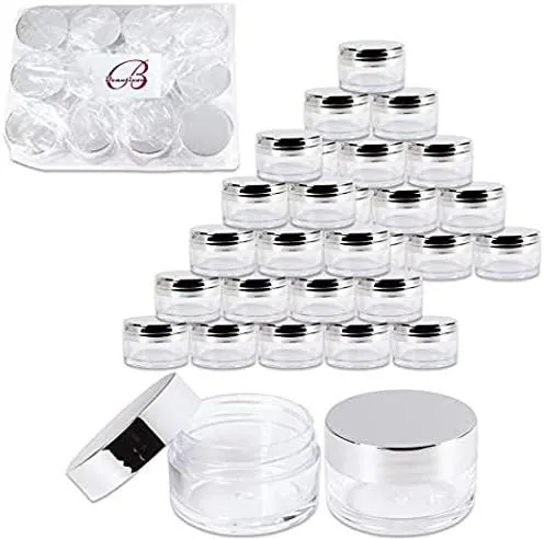Beauticom 20g/20ml USA Acrylic Round Clear Jars with Lids for Lip Balms, Creams, Make Up, Cosmetics, Samples, Ointments (48 Jars, Metallic Silver)