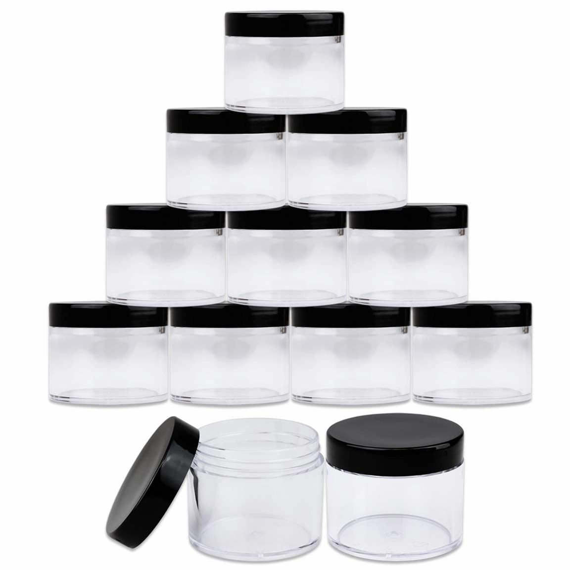 Beauticom 60 Grams/60 ML (2 Oz) Round Clear Leak Proof Plastic Container Jars with Black Lids for Travel Storage Makeup Cosmetic Lotion Scrubs Creams Oils Salves Ointments (384 Jars)