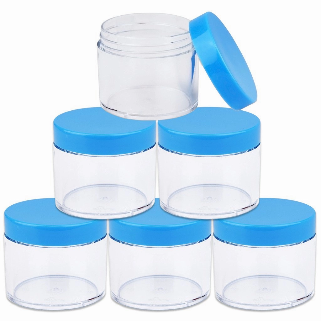 Beauticom 60 Grams/60 ML (2 Oz) Round Clear Leak Proof Plastic Container Jars with Blue Lids for Travel Storage Makeup Cosmetic Lotion Scrubs Creams Oils Salves Ointments (384 Jars)