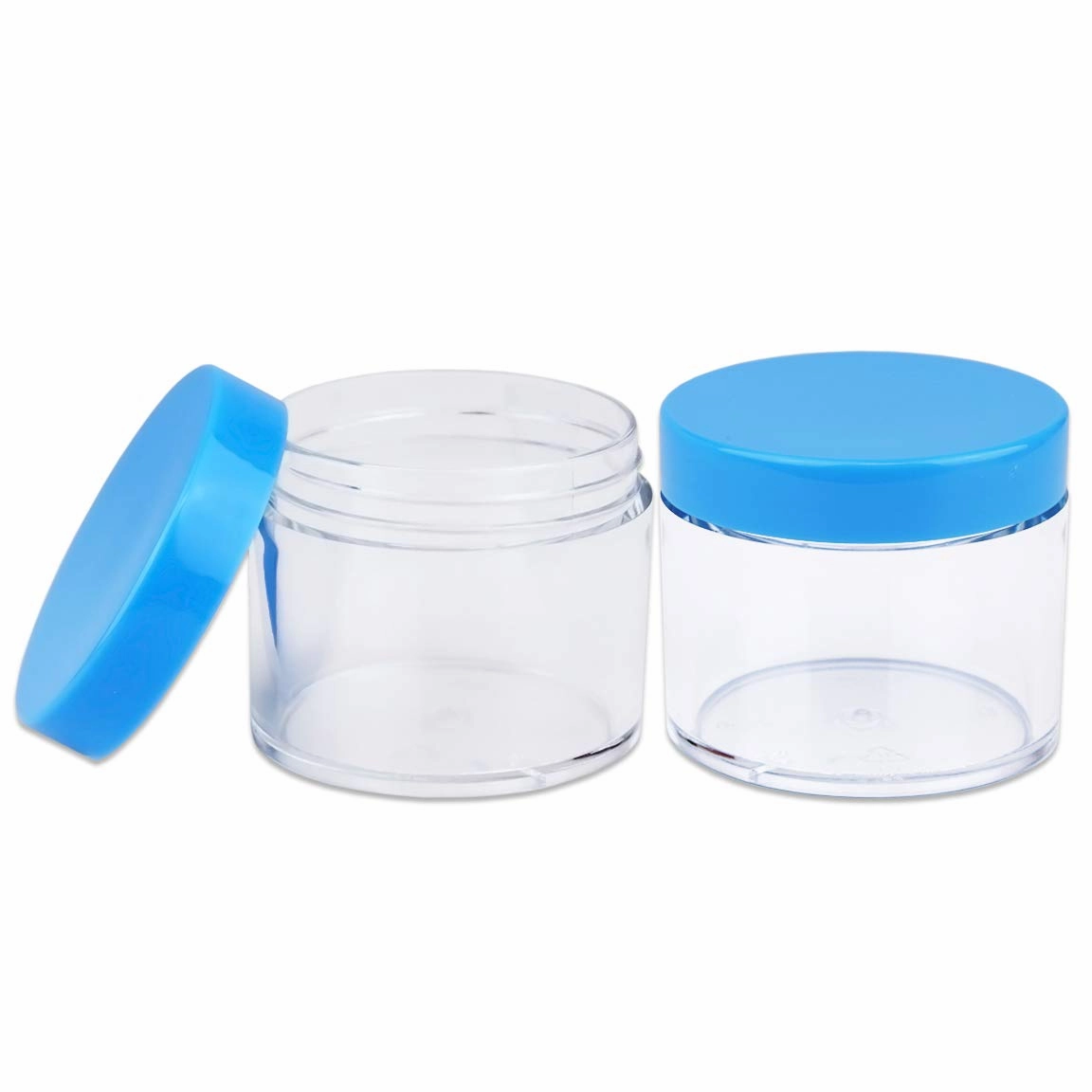 Beauticom 60 Grams/60 ML (2 Oz) Round Clear Leak Proof Plastic Container Jars with Blue Lids for Travel Storage Makeup Cosmetic Lotion Scrubs Creams Oils Salves Ointments (384 Jars)