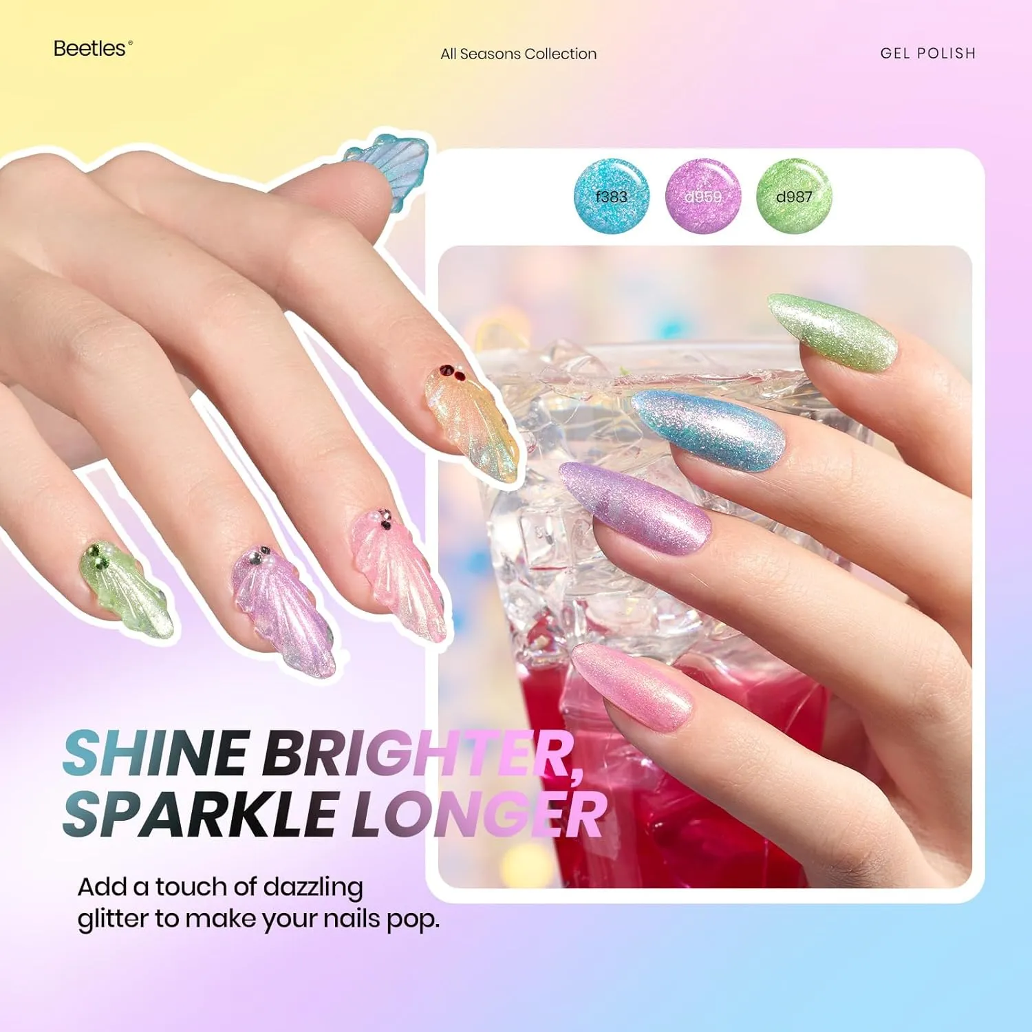 Beetles Gel Polish Set Cat Eye Gel Nail Polish Kit 48 Colors Jelly Glitter Shell Shread Nude Hot Pink Neon Blue Red Green 53pcs with Base Coat Glossy Matte Top Coat Gifts for Women Vivid Moments