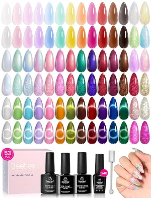 Beetles Gel Polish Set Cat Eye Gel Nail Polish Kit 48 Colors Jelly Glitter Shell Shread Nude Hot Pink Neon Blue Red Green 53pcs with Base Coat Glossy Matte Top Coat Gifts for Women Vivid Moments