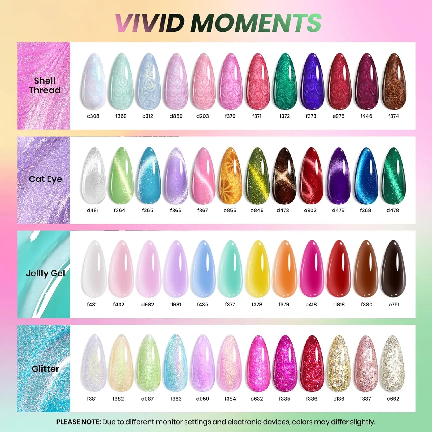 Beetles Gel Polish Set Cat Eye Gel Nail Polish Kit 48 Colors Jelly Glitter Shell Shread Nude Hot Pink Neon Blue Red Green 53pcs with Base Coat Glossy Matte Top Coat Gifts for Women Vivid Moments