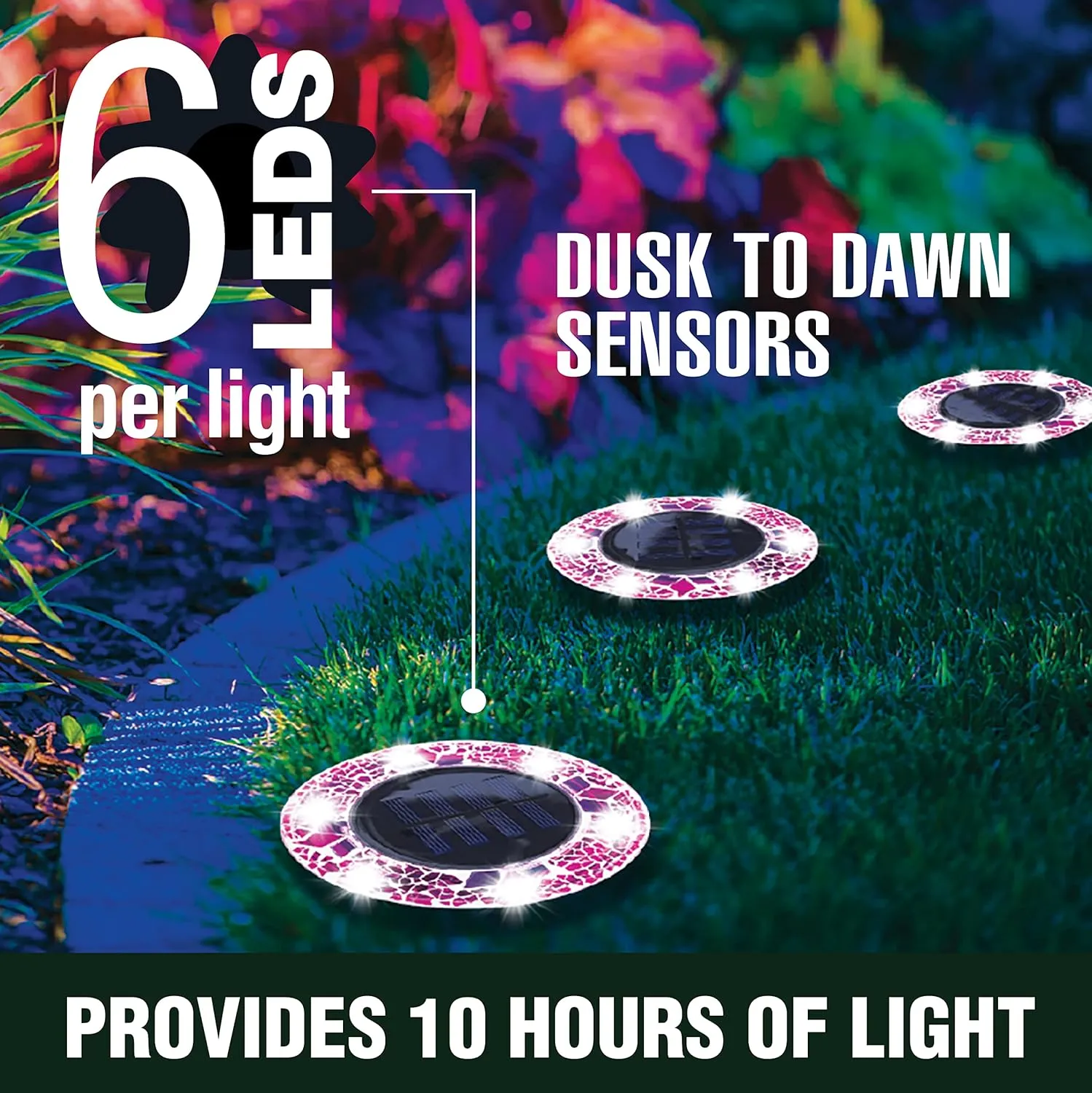 Bell Howell Solar Outdoor Mosaic Disk Lights, 4 Pack Ultra-Premium Glass Decorative Pathway, Solar Outdoor Waterproof Disk, LED Pathway, Auto On/Off Lights - Radiant Pink