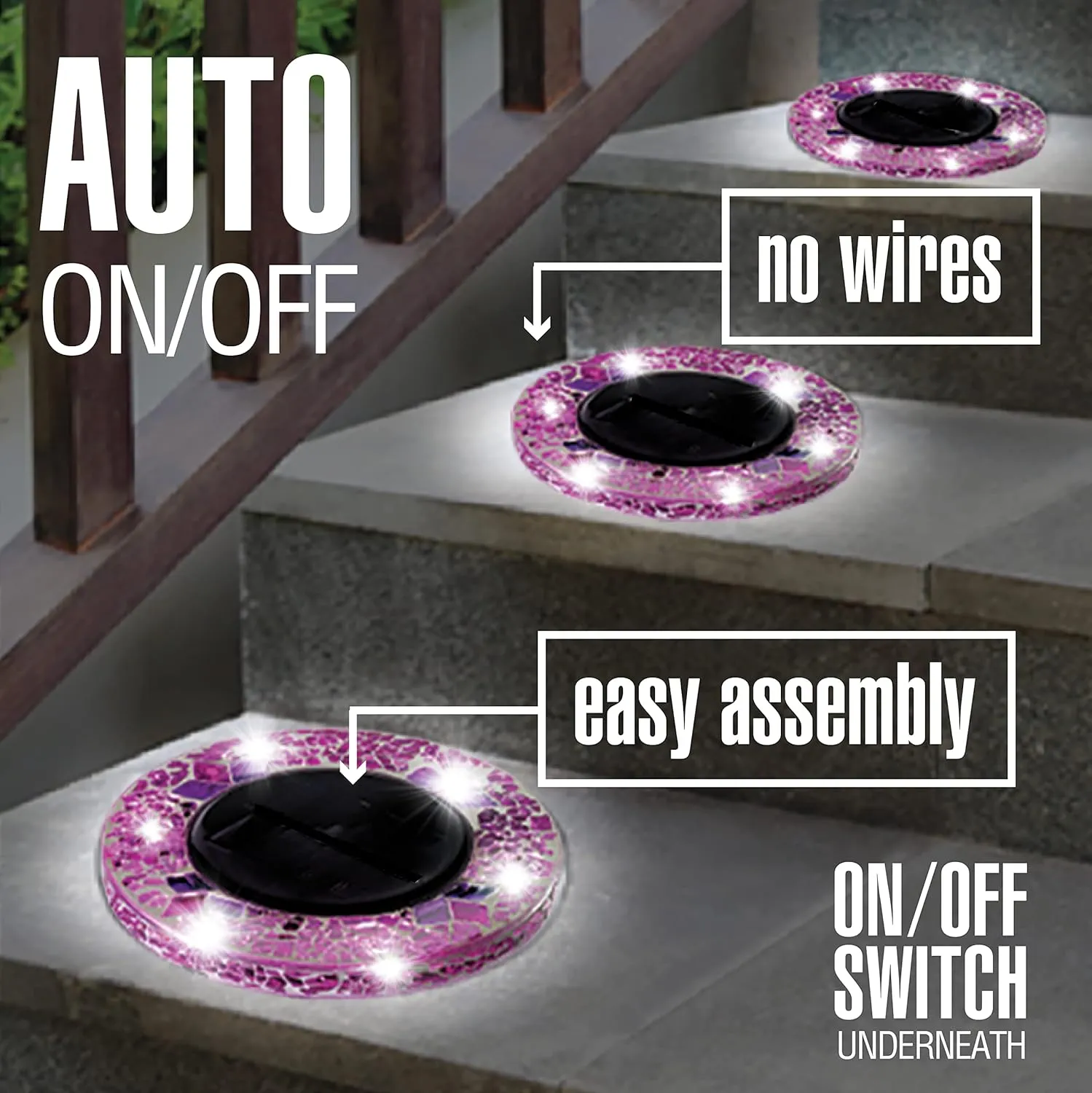 Bell Howell Solar Outdoor Mosaic Disk Lights, 4 Pack Ultra-Premium Glass Decorative Pathway, Solar Outdoor Waterproof Disk, LED Pathway, Auto On/Off Lights - Radiant Pink