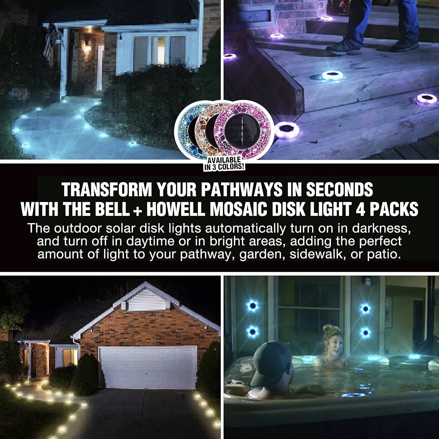 Bell Howell Solar Outdoor Mosaic Disk Lights, 4 Pack Ultra-Premium Glass Decorative Pathway, Solar Outdoor Waterproof Disk, LED Pathway, Auto On/Off Lights - Radiant Pink