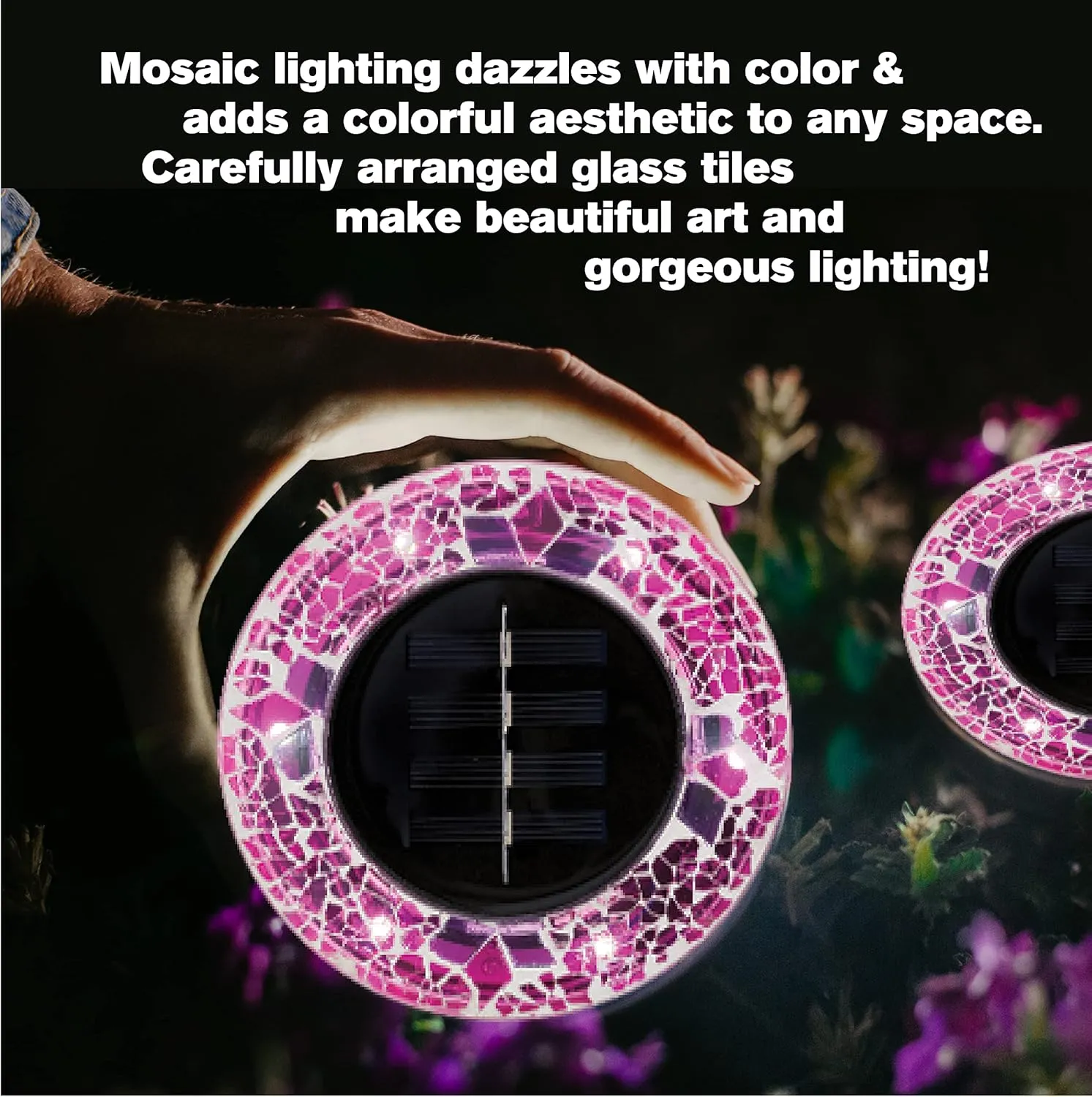 Bell Howell Solar Outdoor Mosaic Disk Lights, 4 Pack Ultra-Premium Glass Decorative Pathway, Solar Outdoor Waterproof Disk, LED Pathway, Auto On/Off Lights - Radiant Pink