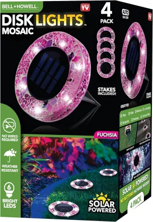 Bell Howell Solar Outdoor Mosaic Disk Lights, 4 Pack Ultra-Premium Glass Decorative Pathway, Solar Outdoor Waterproof Disk, LED Pathway, Auto On/Off Lights - Radiant Pink