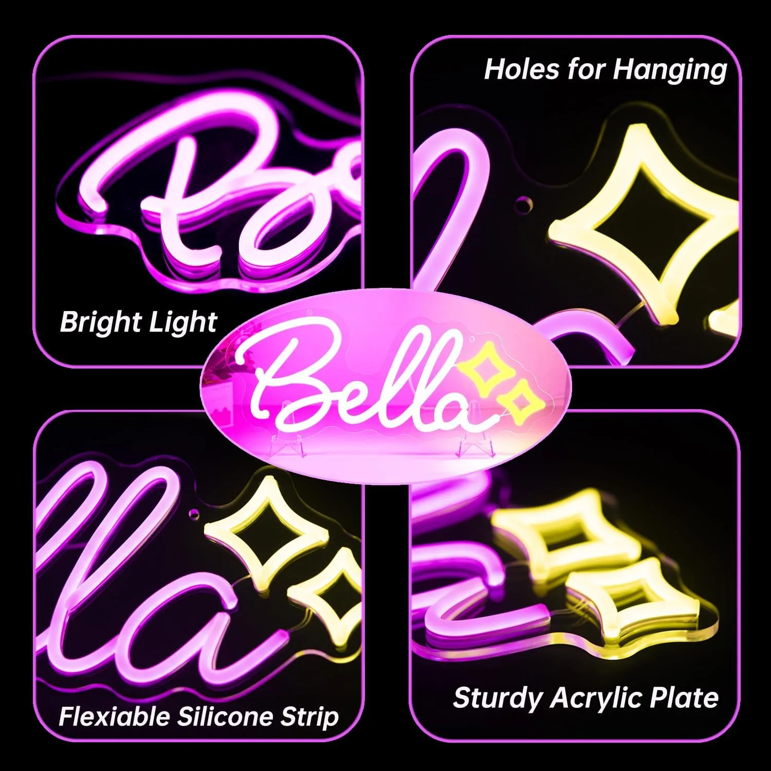 Bella Name LED Neon Sign, 14 x 6 Inches, Pink, Acrylic, Contemporary, Wall Mount, USB Powered, Dimmable, Perfect for Bedroom, Kids Room, Living Room, Birthday Party Decor