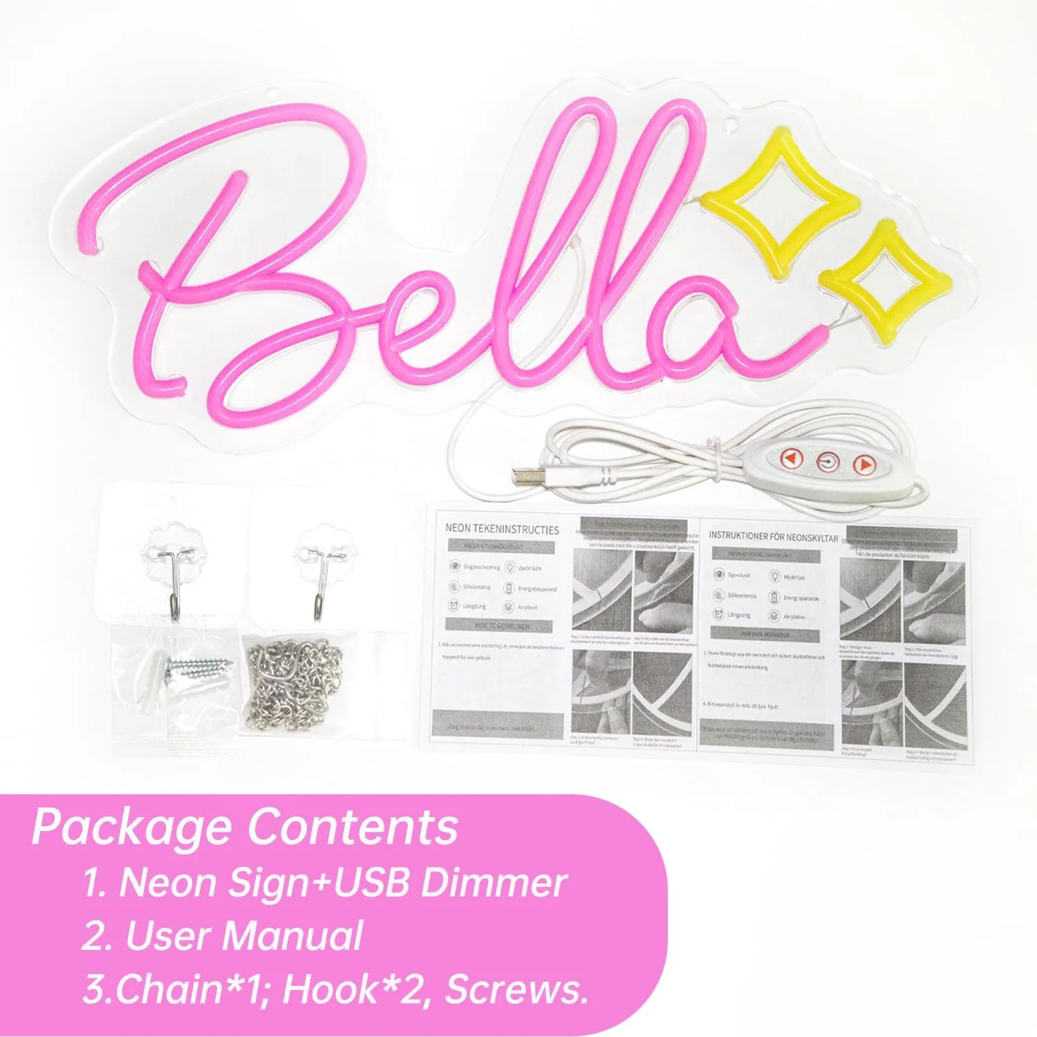 Bella Name LED Neon Sign, 14 x 6 Inches, Pink, Acrylic, Contemporary, Wall Mount, USB Powered, Dimmable, Perfect for Bedroom, Kids Room, Living Room, Birthday Party Decor