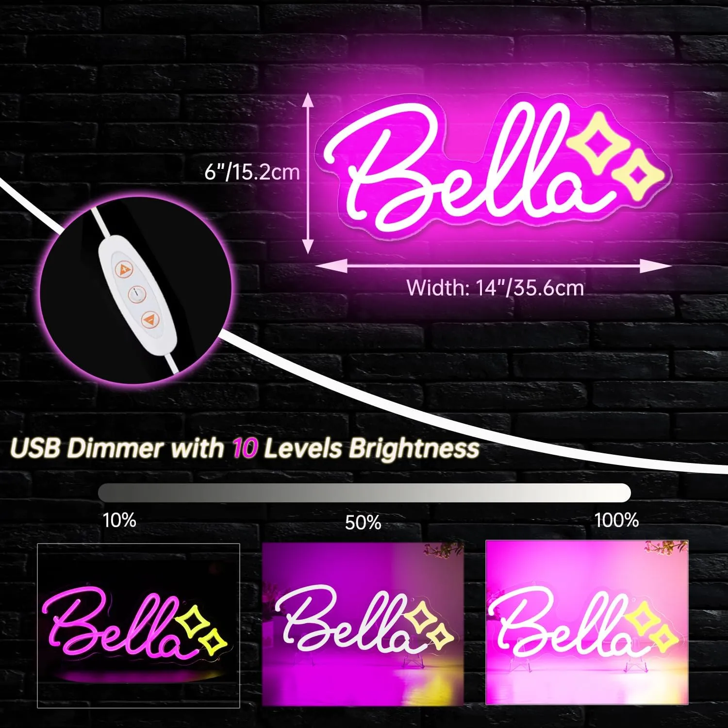 Bella Name LED Neon Sign, 14 x 6 Inches, Pink, Acrylic, Contemporary, Wall Mount, USB Powered, Dimmable, Perfect for Bedroom, Kids Room, Living Room, Birthday Party Decor