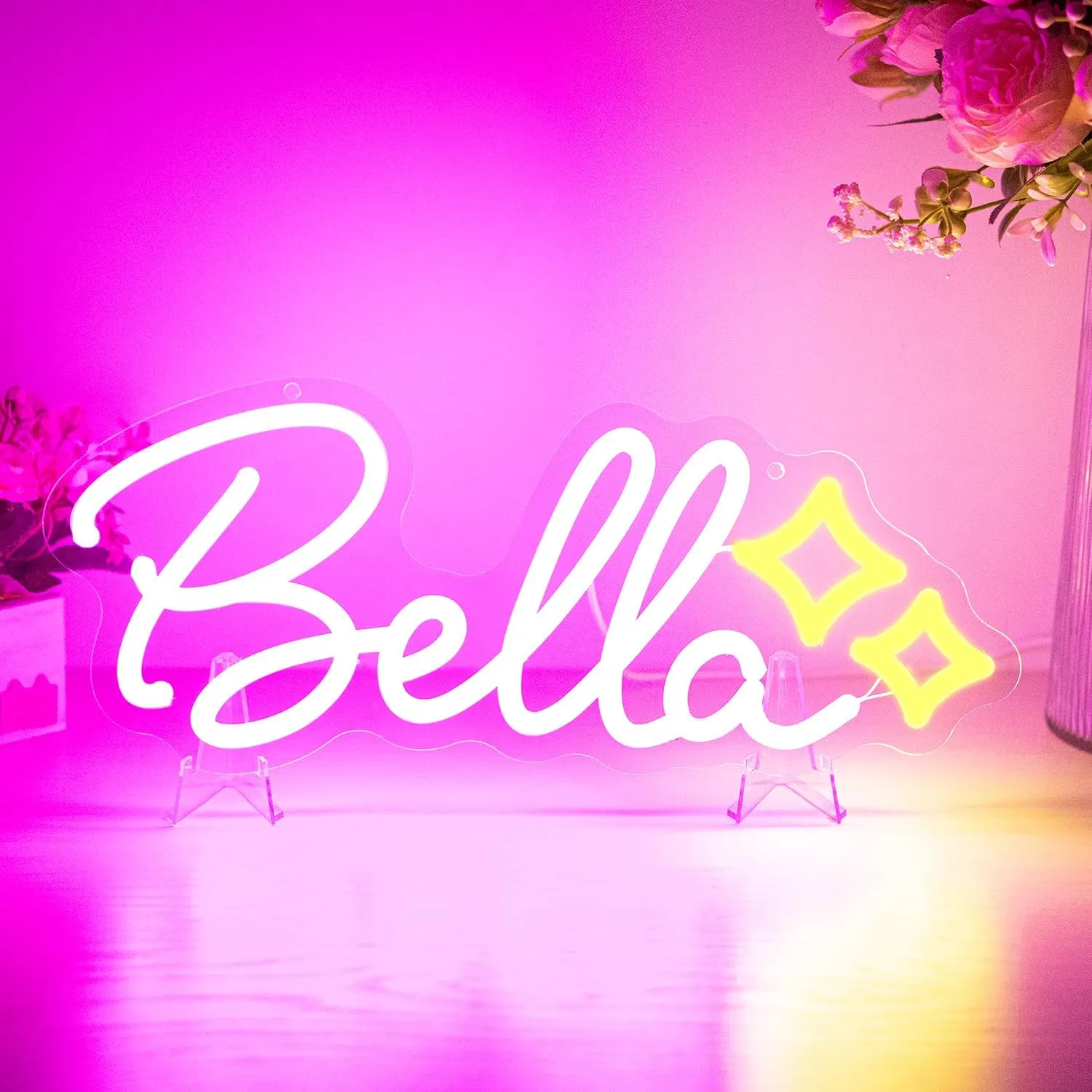 Bella Name LED Neon Sign, 14 x 6 Inches, Pink, Acrylic, Contemporary, Wall Mount, USB Powered, Dimmable, Perfect for Bedroom, Kids Room, Living Room, Birthday Party Decor