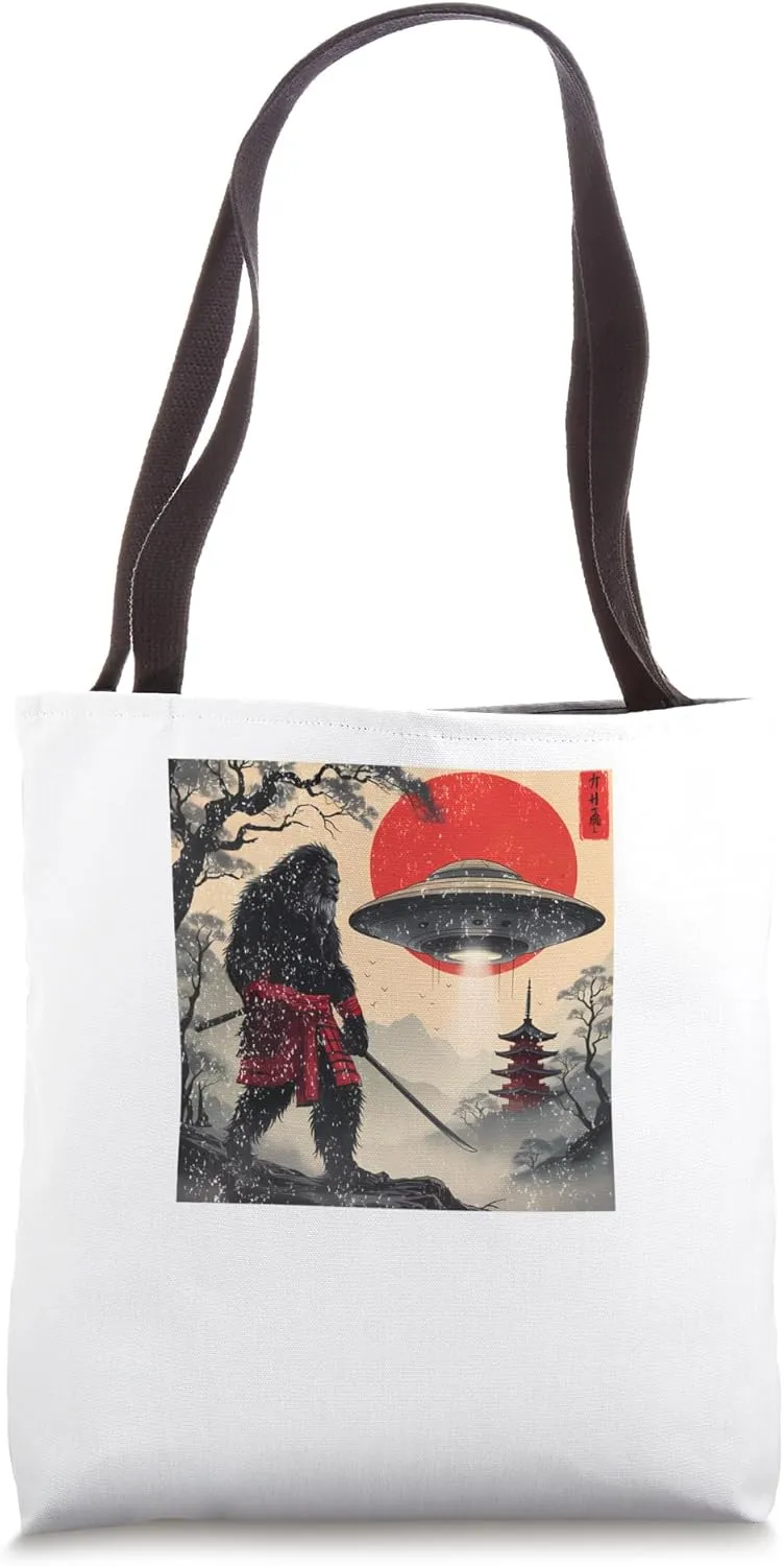 Bigfoot Samurai Japanese UFO Vintage Graphic Ukiyo-e Art Tote Bag