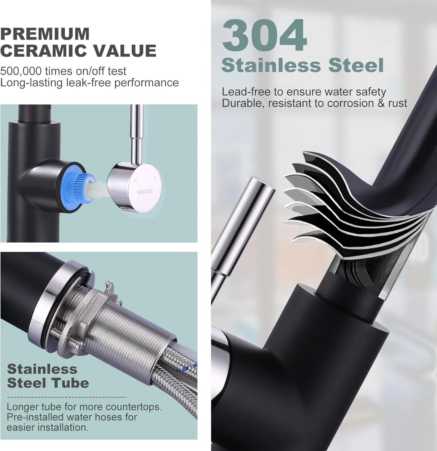Black and Chrome Kitchen Faucet with Sprayer, WOWOW Stainless Steel Kitchen Sink Faucet High Arc Utility Sink Faucet 1 or 3 Hole, Kitchen Tap for RV, Laundry, Bar