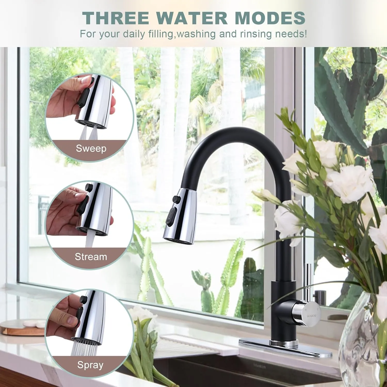 Black and Chrome Kitchen Faucet with Sprayer, WOWOW Stainless Steel Kitchen Sink Faucet High Arc Utility Sink Faucet 1 or 3 Hole, Kitchen Tap for RV, Laundry, Bar
