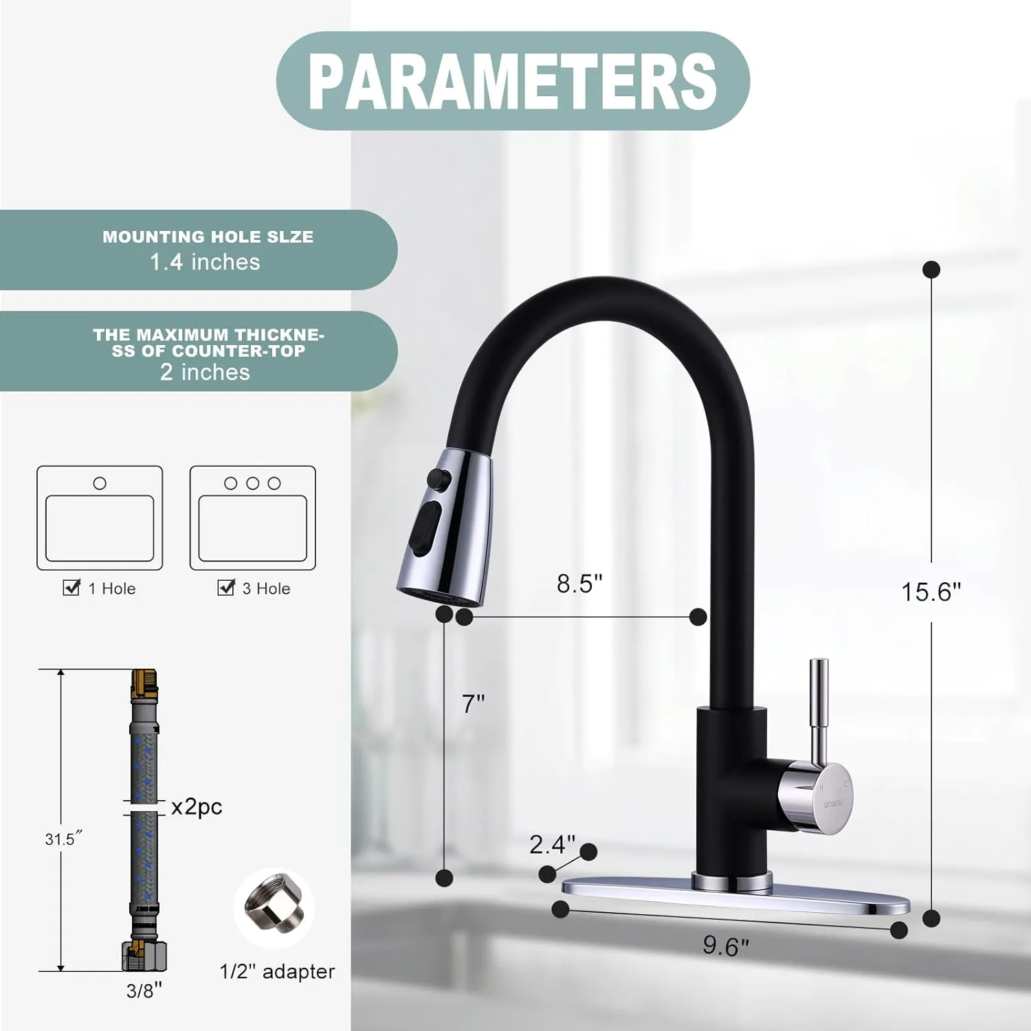 Black and Chrome Kitchen Faucet with Sprayer, WOWOW Stainless Steel Kitchen Sink Faucet High Arc Utility Sink Faucet 1 or 3 Hole, Kitchen Tap for RV, Laundry, Bar