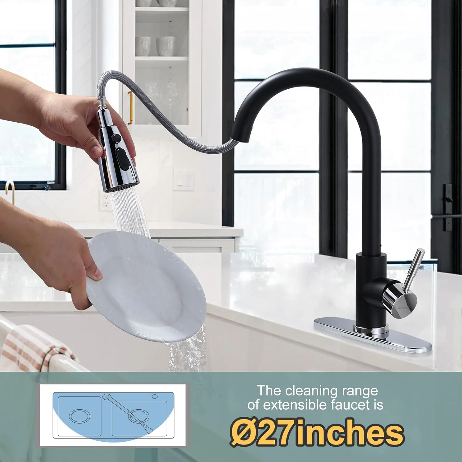 Black and Chrome Kitchen Faucet with Sprayer, WOWOW Stainless Steel Kitchen Sink Faucet High Arc Utility Sink Faucet 1 or 3 Hole, Kitchen Tap for RV, Laundry, Bar