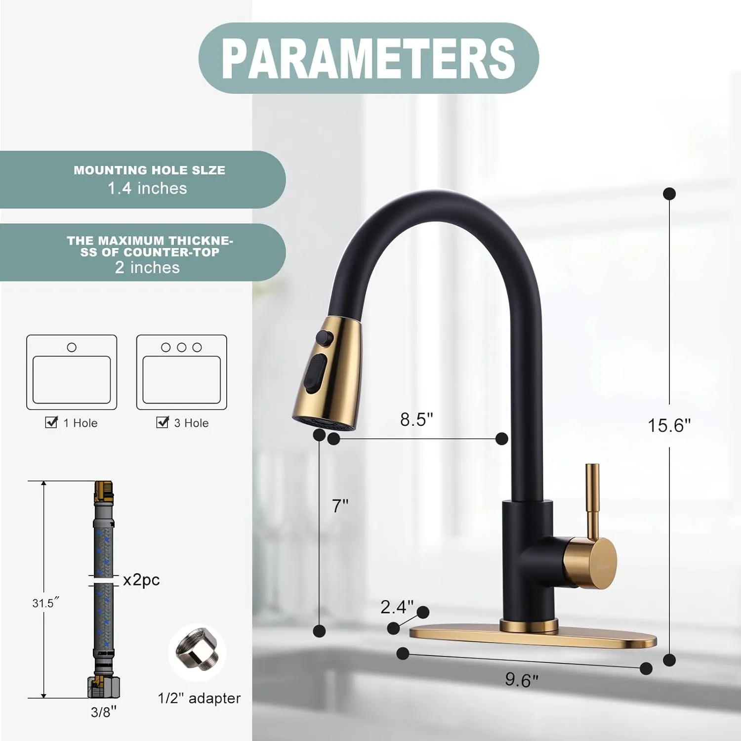 Black and Gold Kitchen Faucet with Sprayer, WOWOW Kitchen Sink Faucet Stainless Steel Single Handle Kitchen Faucets with Deck Plate, 360 Swivel High Arc Single Hole RV Kitchen Faucet