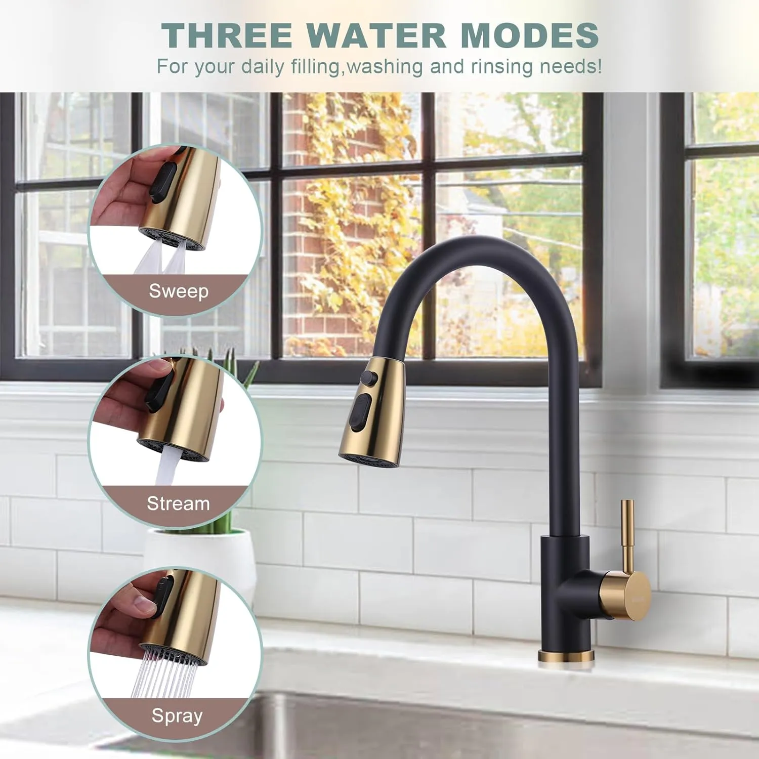 Black and Gold Kitchen Faucet with Sprayer, WOWOW Kitchen Sink Faucet Stainless Steel Single Handle Kitchen Faucets with Deck Plate, 360 Swivel High Arc Single Hole RV Kitchen Faucet