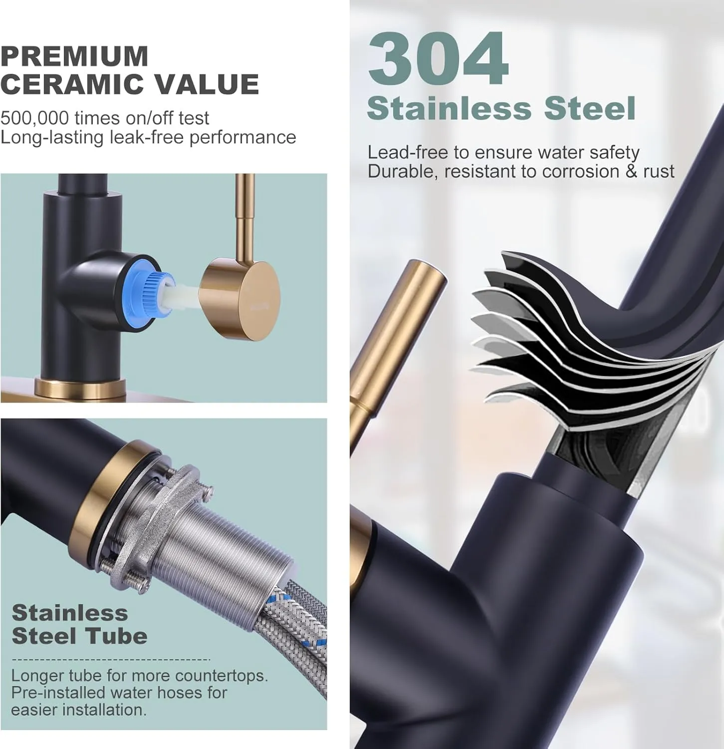 Black and Gold Kitchen Faucet with Sprayer, WOWOW Kitchen Sink Faucet Stainless Steel Single Handle Kitchen Faucets with Deck Plate, 360 Swivel High Arc Single Hole RV Kitchen Faucet