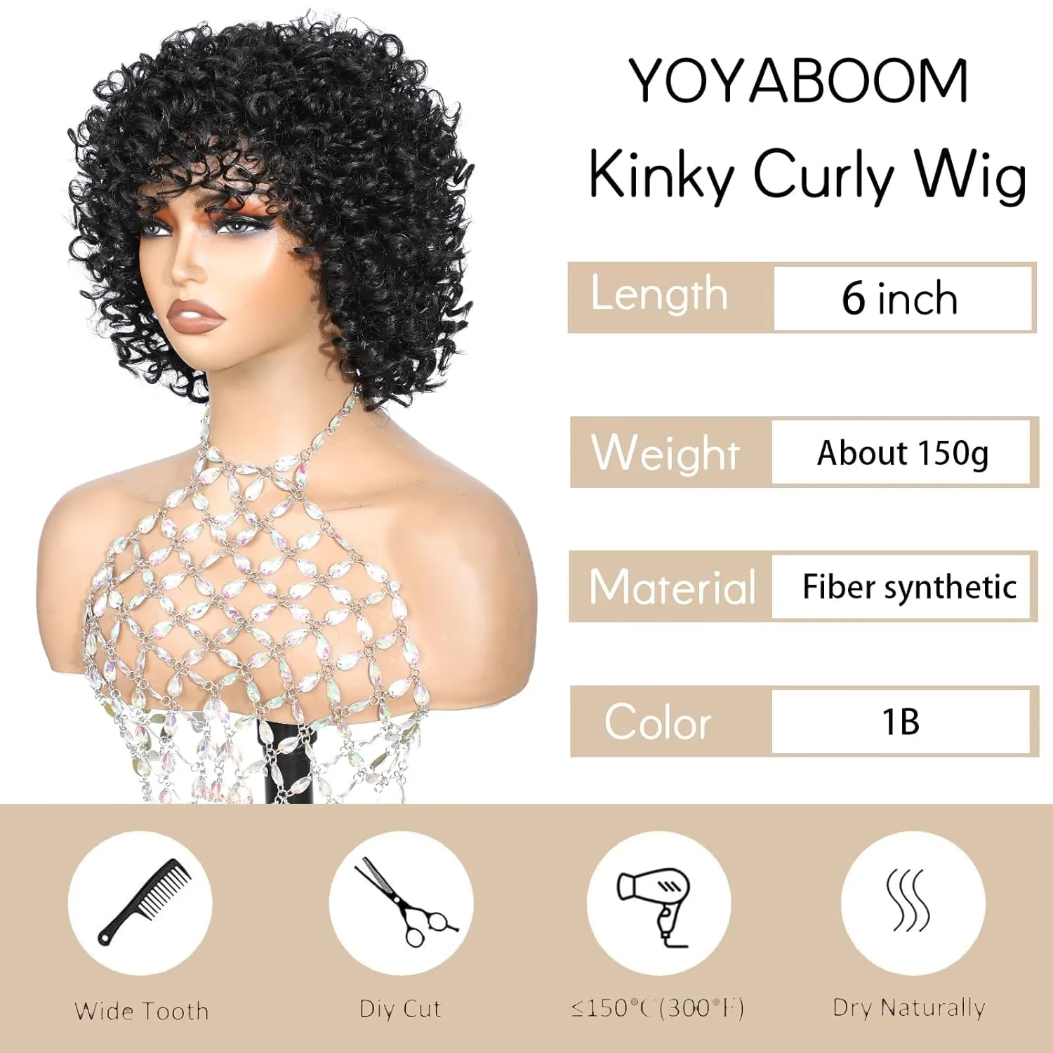 Black Short Afro Curly Wigs with Bangs for Black Women Glueless Bouncy Curls 6 Inch Bob Wig Chic Style Kinky Curly Beginner Friendly Synthetic Heat Resistant Big Curls